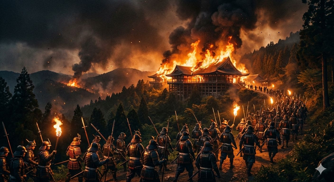 燃え上がる比叡山延暦寺と織田軍のイメージ