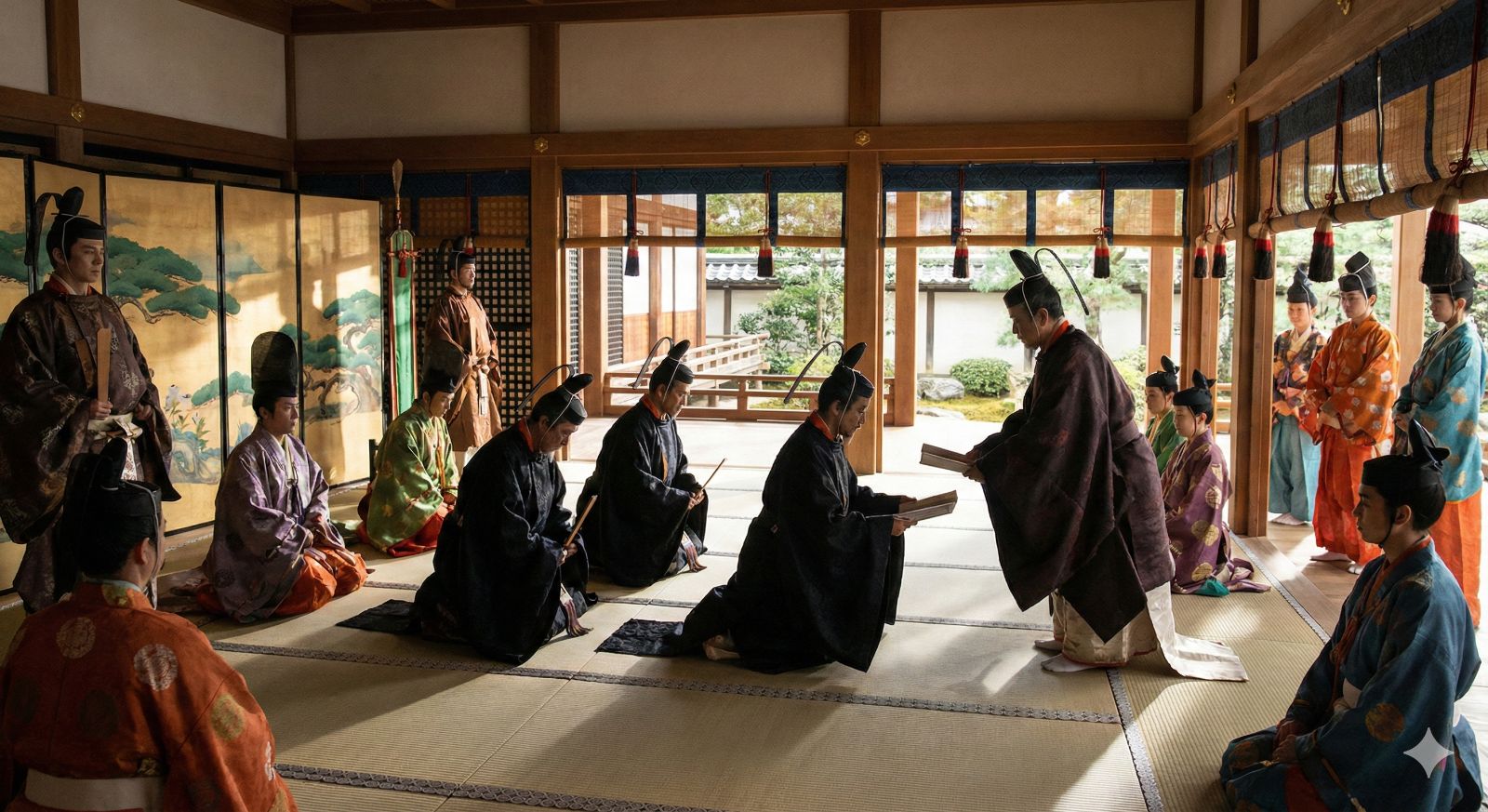 宮廷で新しい役職に任命される貴族たちの様子