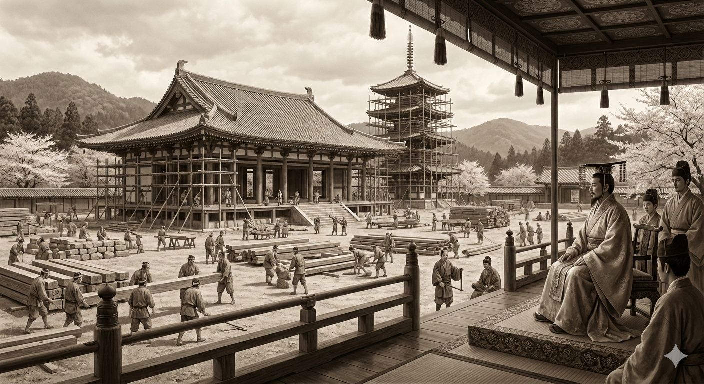 壮大な寺院の建設現場と、それを見守る天皇のイメージ