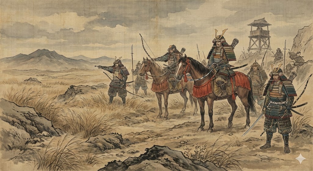 武装した平安時代の武士たちが、地方の荒野で警備に当たっている様子