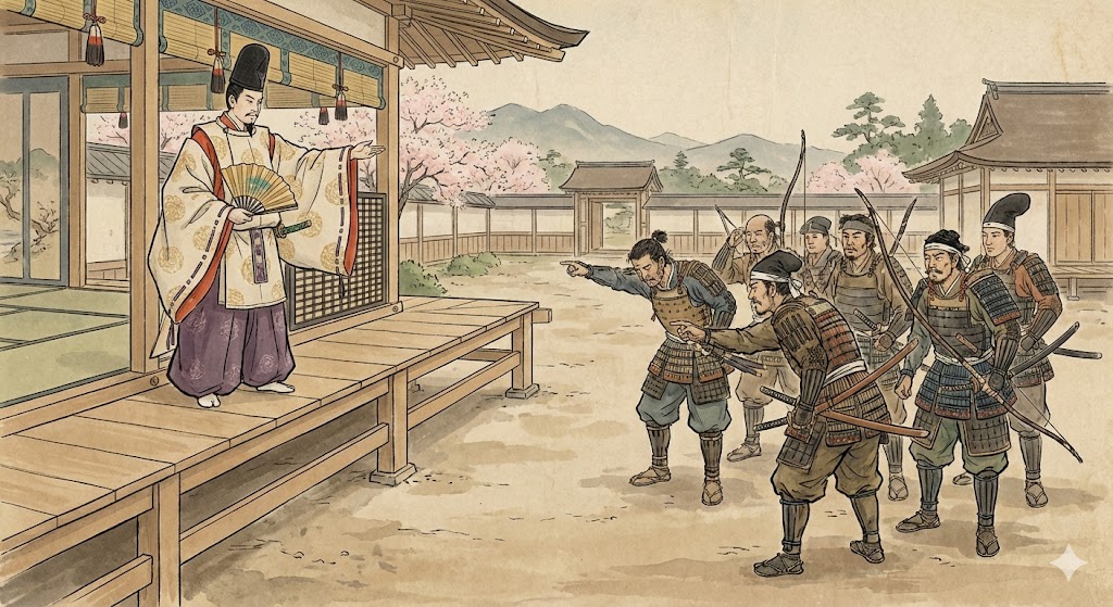 貴族の衣装を着た人物が、地方の武士たちに指示を出している様子