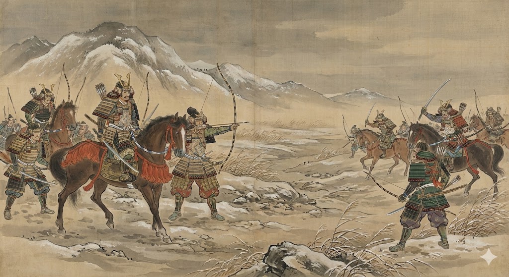 鎧をまとった武士たちが弓矢を構え、北東北の荒野で対陣している様子