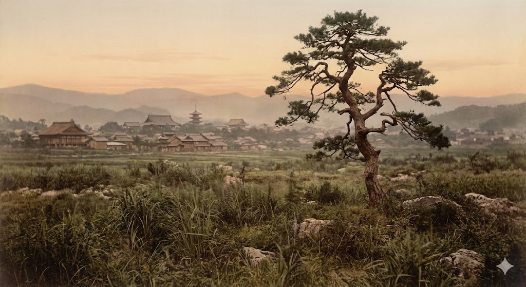 荒野に立つ一本の古木と、遠くに見える京の都の対比