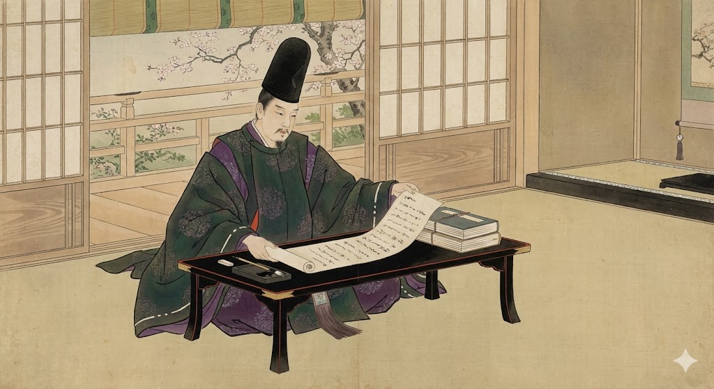 荘園の書類を確認する平安貴族のイラスト