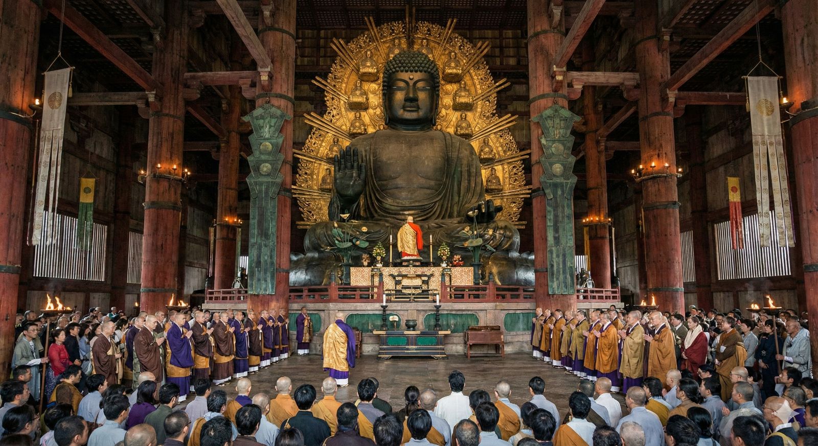 東大寺の大仏が完成し、開眼供養が行われている荘厳な様子