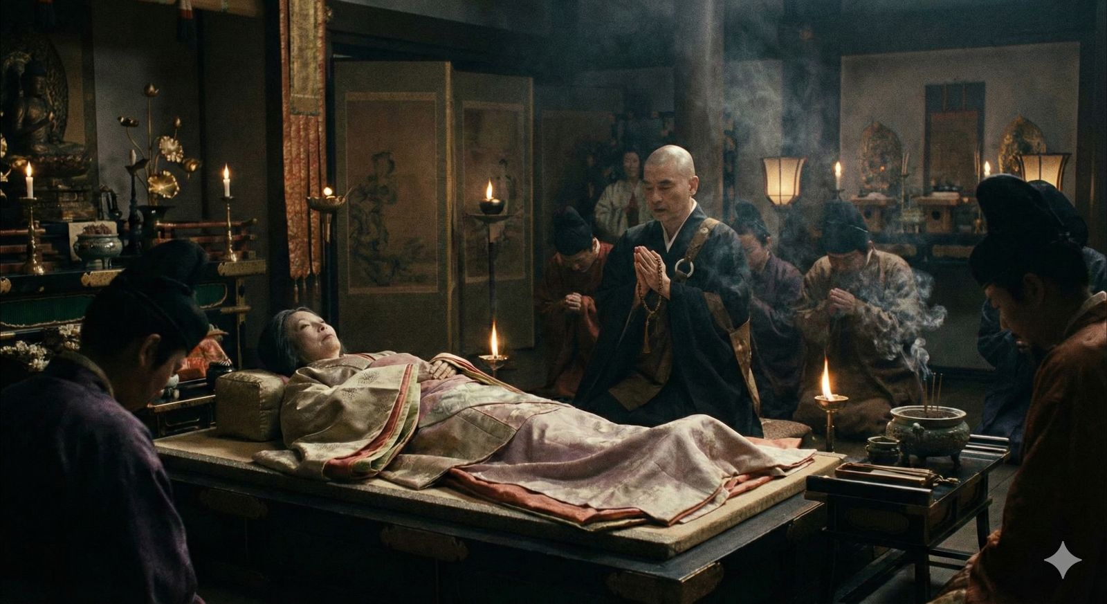 病床の孝謙上皇のそばで祈祷を行う僧侶・道鏡の様子