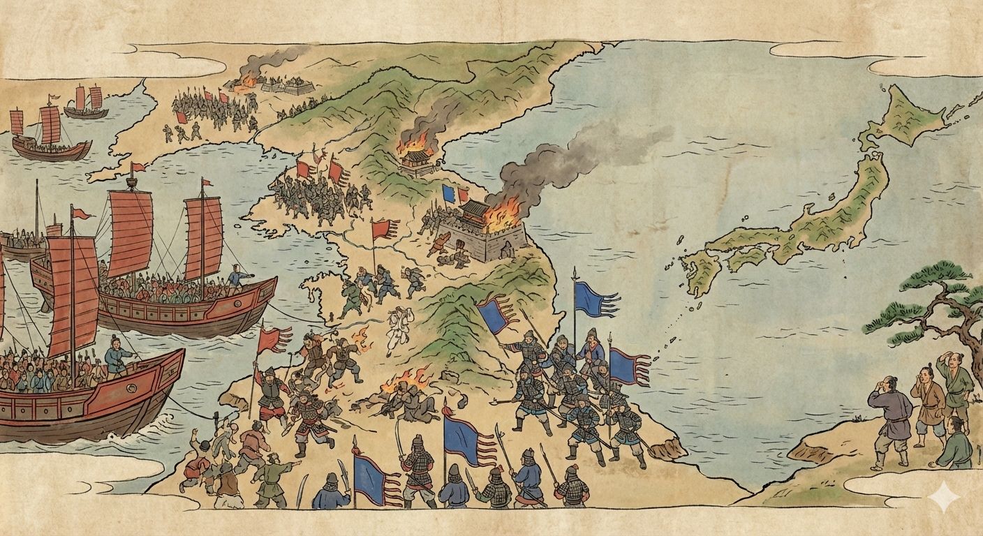 唐と新羅が手を組み朝鮮半島を圧迫する図