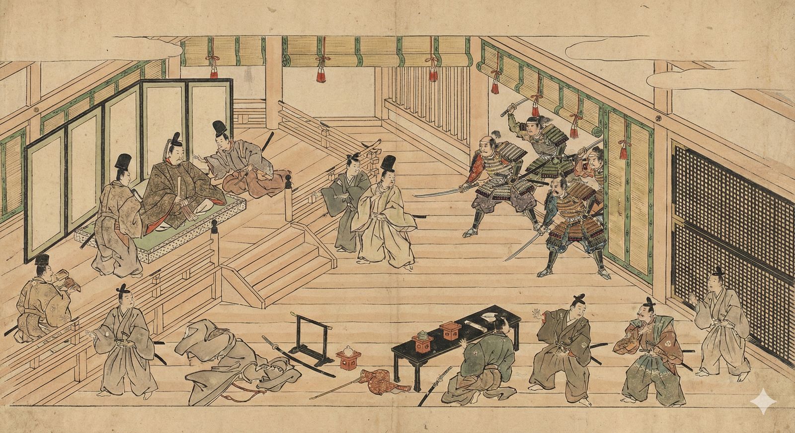 宮殿の儀式の最中に、剣を持った人物たちが飛び出し、権力者を襲撃する緊迫した場面のイラスト