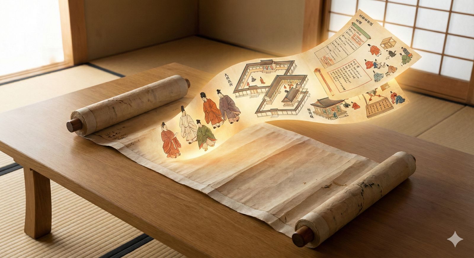 古い巻物が広げられ、そこから新しい法律や役所の仕組みを表す図が飛び出してくるようなイメージ