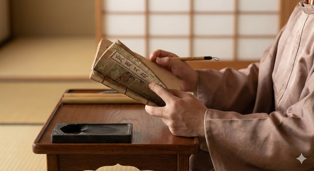 古今和歌集の冊子と筆を持つ貴族の手元のイメージ