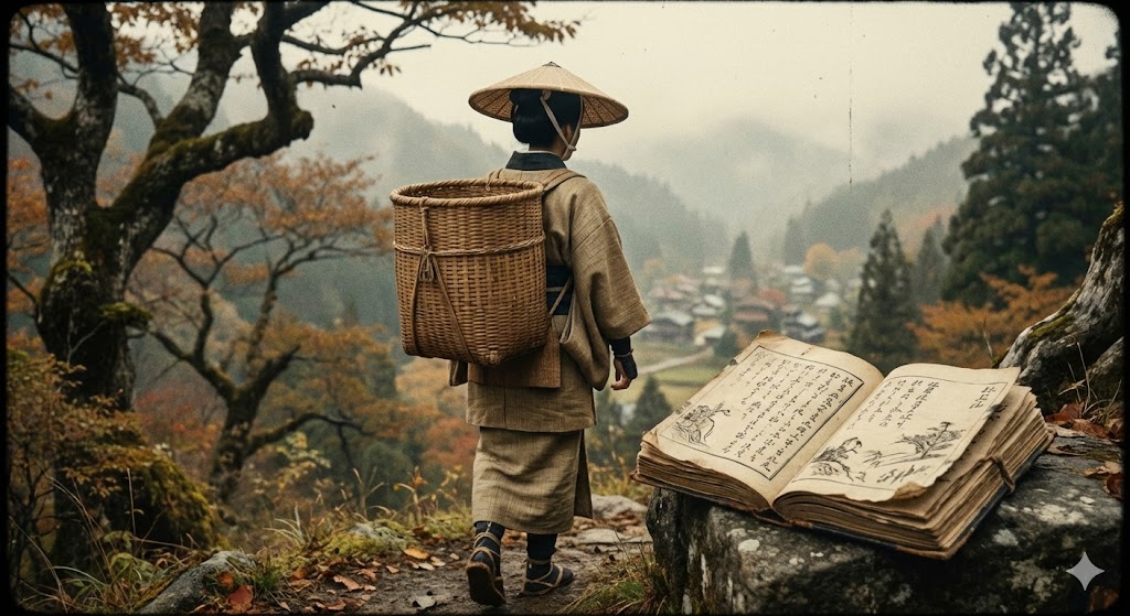 旅支度をした女性の後ろ姿と日記帳のイメージ