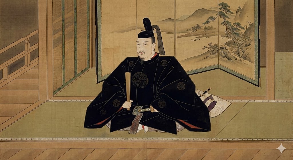 征夷大将軍の束帯姿で座る源頼朝のイラスト