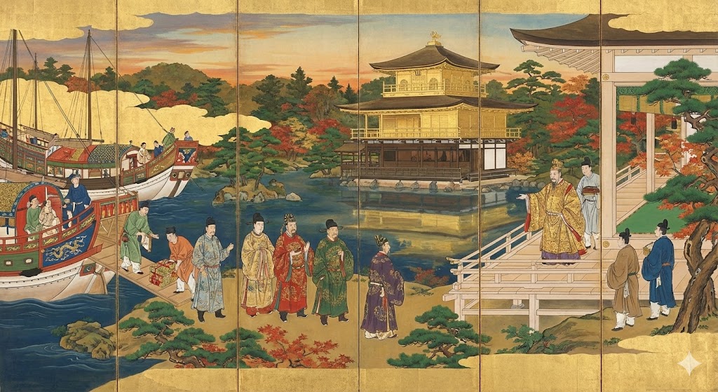 黄金に輝く金閣寺と、中国の明の皇帝からの使節団を迎える義満の様子