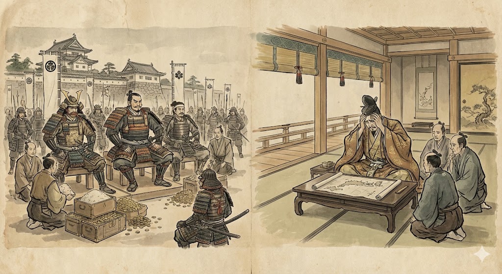 地方で力を持ちすぎた守護大名たちと、京都で頭を抱える将軍のイメージ