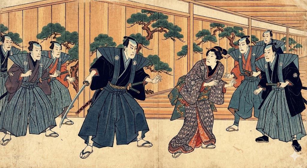 松の廊下で浅野内匠頭が吉良上野介に斬りかかる緊迫した瞬間の浮世絵や想像図