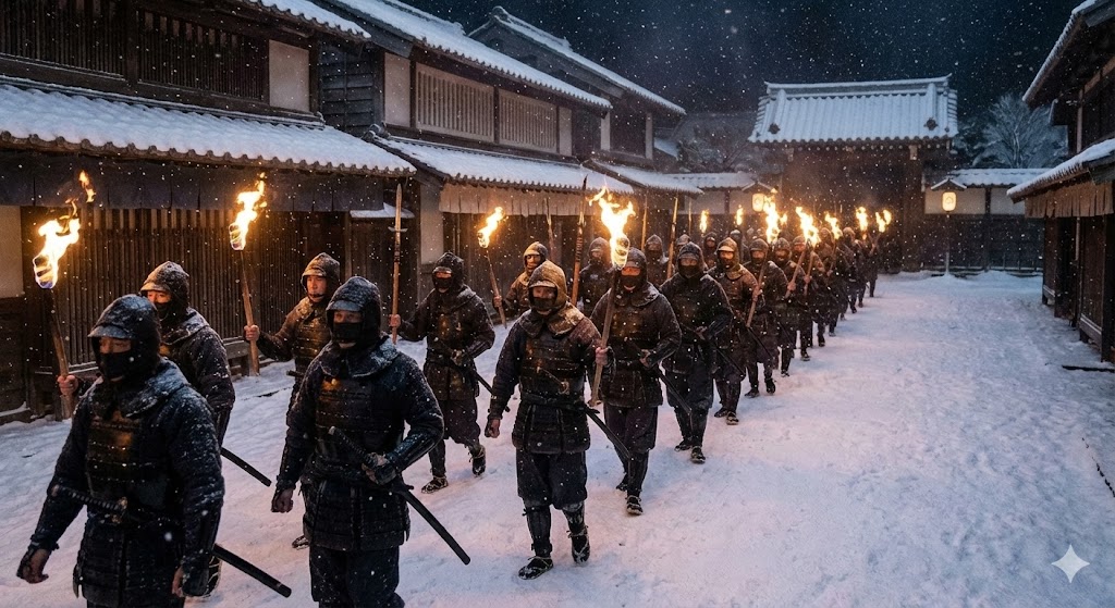 雪の降る夜、火事装束に身を包んで吉良邸を目指す赤穂浪士たちの隊列