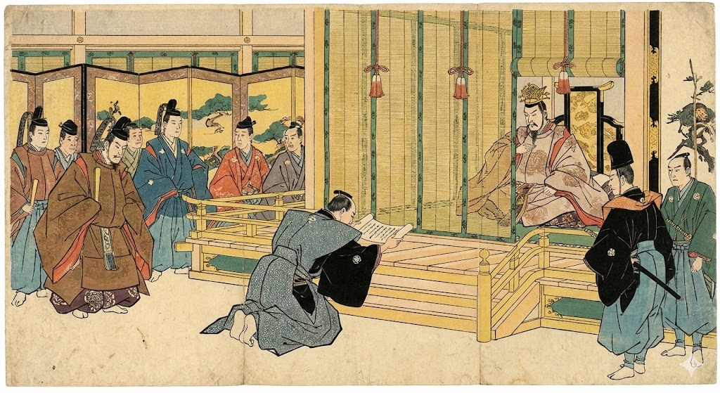 条約の勅許を得るために御所へ参内する堀田正睦と、それを拒絶する孝明天皇のイメージ