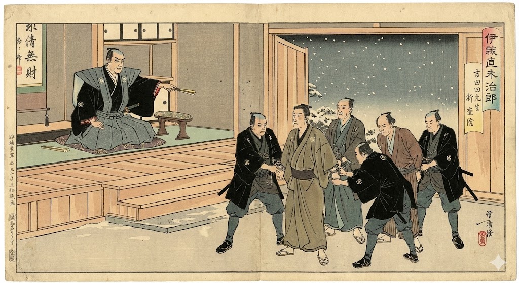 井伊直弼が厳しい表情で命令を下し、吉田松陰らが捕縛される安政の大獄の様子