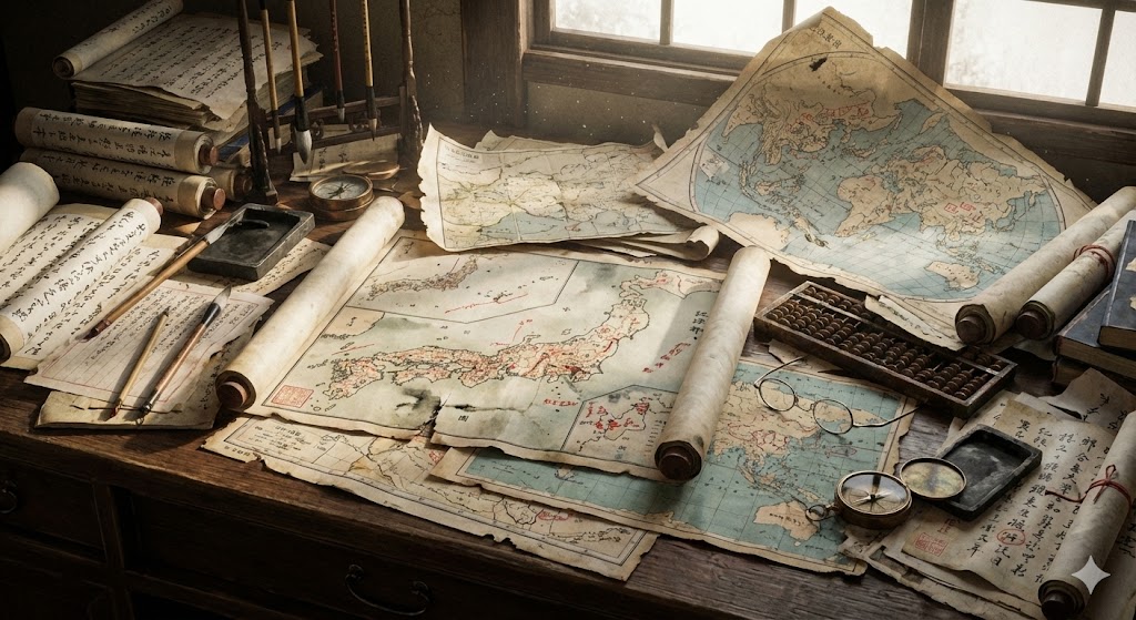 古い地図や資料が机の上に乱雑に置かれ、混沌とした政策決定の様子を暗示するイメージ