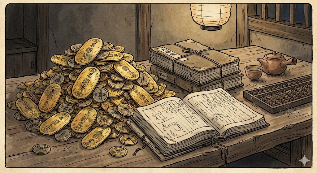 積み上げられた金貨と古い帳簿のイラスト