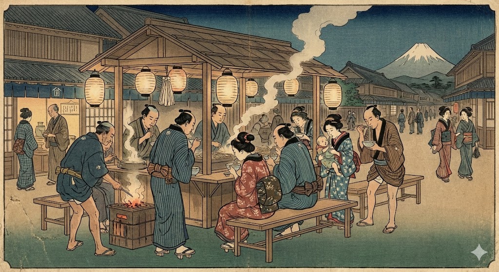 江戸の屋台で蕎麦を食べる町人たちの様子