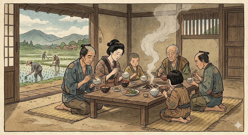 農村で質素な食事をとる農民たちの様子