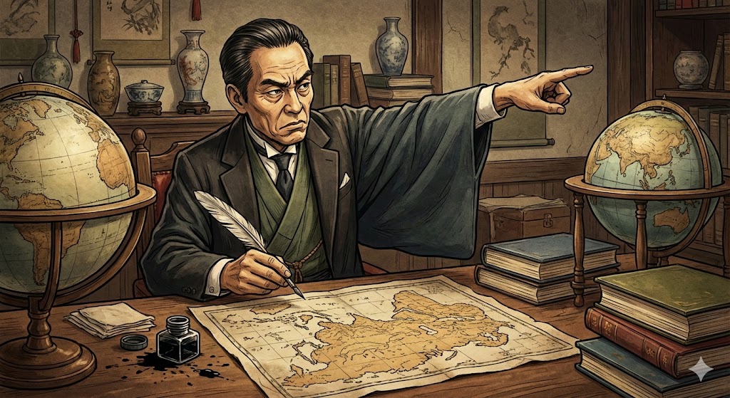 福沢諭吉がペンを執り、アジアの地図を睨みながら西洋の方角を指差しているイラスト