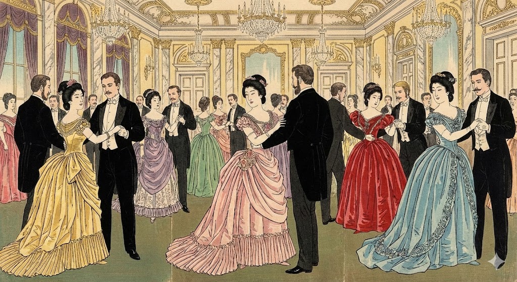 華やかなドレスを着た日本人女性たちが鹿鳴館で踊っているが、表情がどこかぎこちないイラスト