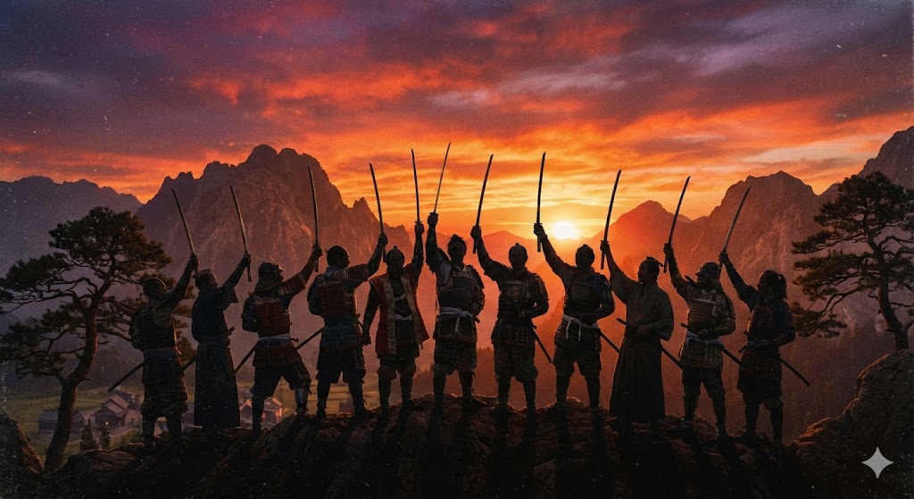 刀を構えて団結する地方武士たちのシルエット
