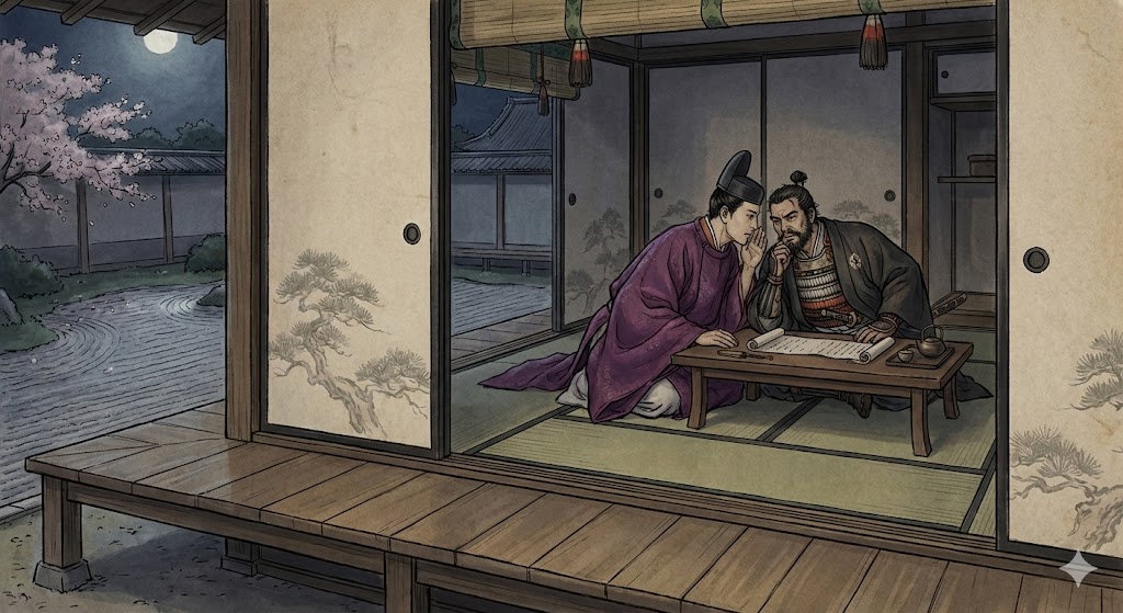 京都の御所で密談をする公家と武将のイラスト