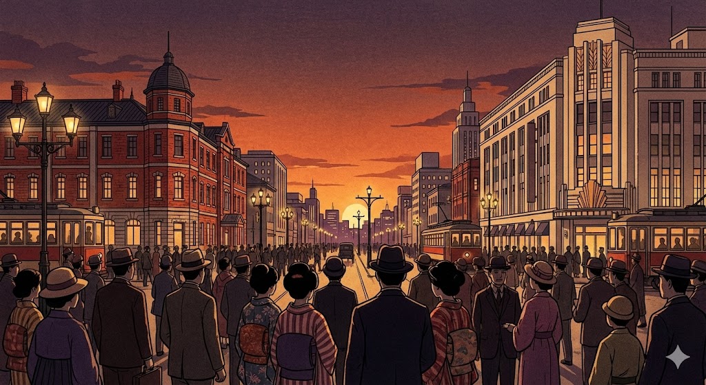 大正時代のモダンな街並みと、新時代の到来を予感させる群衆のシルエット