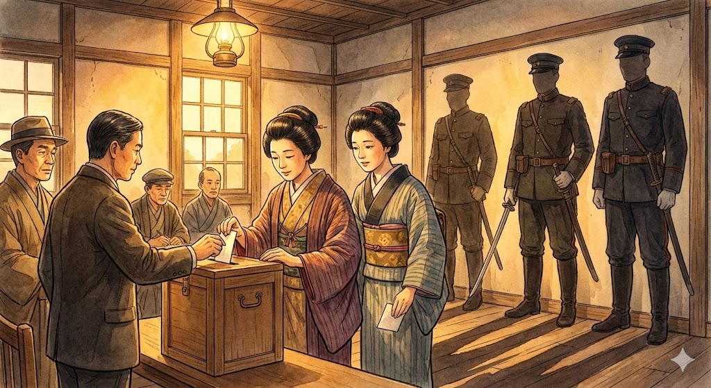 投票箱に投票する人々の明るい光と、その背後に伸びる警察官の長い影