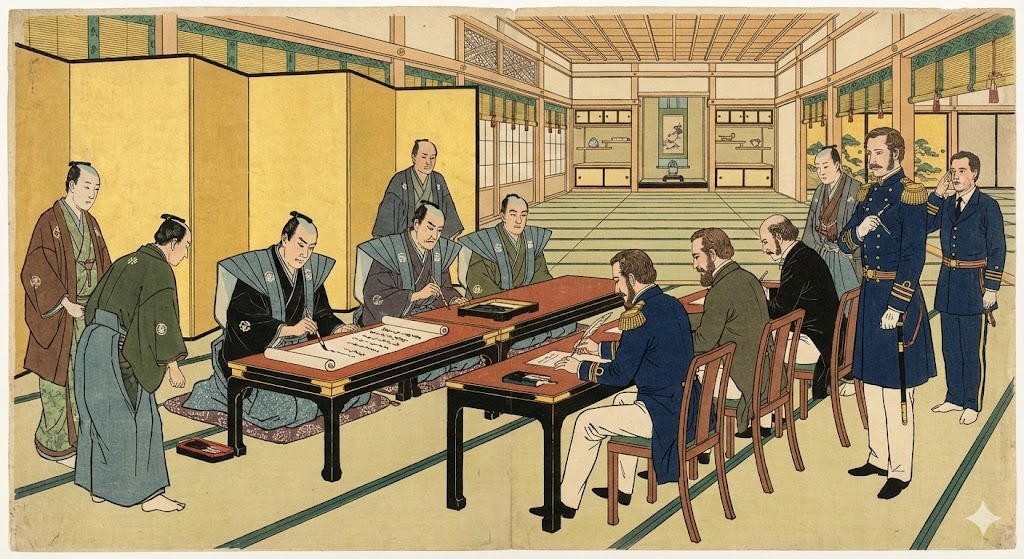 条約書に署名をする幕府の役人と外国人外交官のイラスト