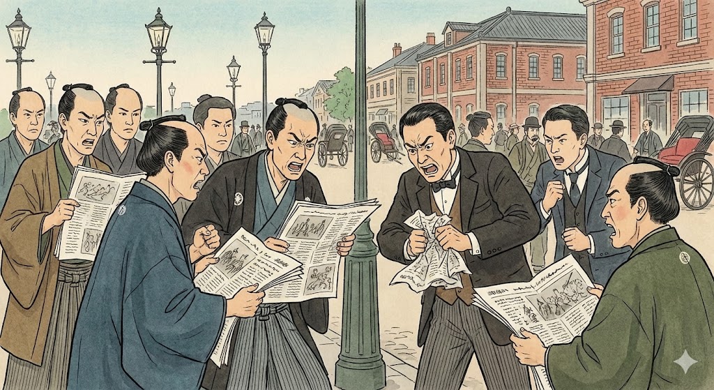 新聞を読んで怒りを露わにする明治時代の人々のイラスト