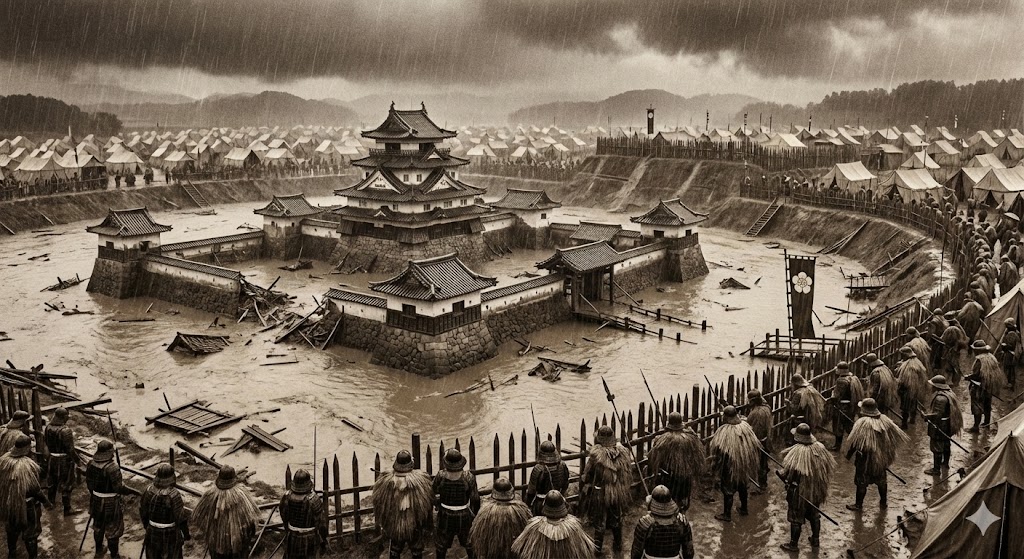 激しい雨により水没した備中高松城とそれを包囲する秀吉軍の陣営