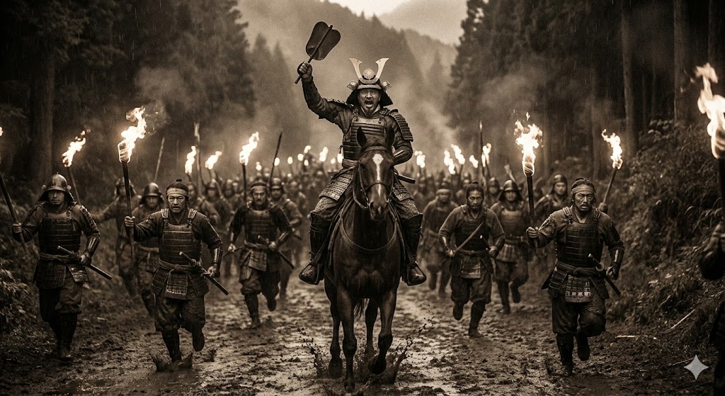 松明を掲げ夜道を疾走する秀吉軍の兵士たちとそれを鼓舞する馬上の秀吉