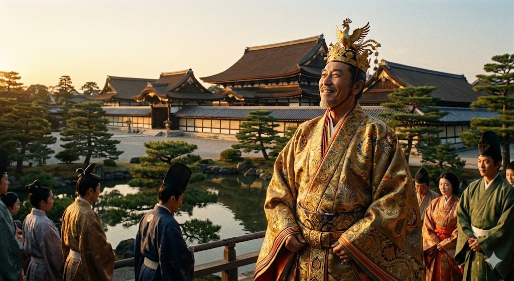 煌びやかな公家の装束を身にまとい、満足げな表情で御所を見上げる豊臣秀吉