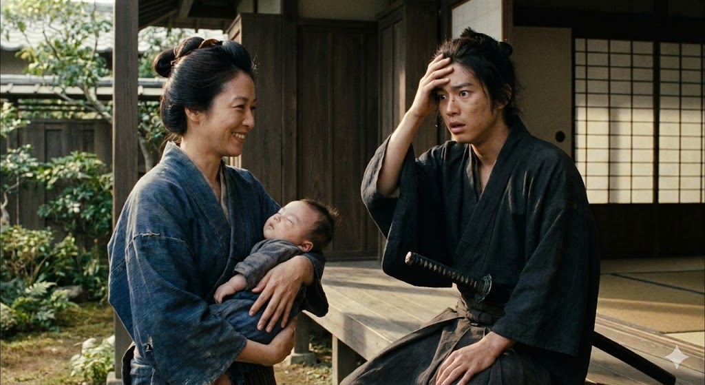 赤ん坊を抱いて微笑む女性と、それを見て困惑と焦りの表情を浮かべる若い武将