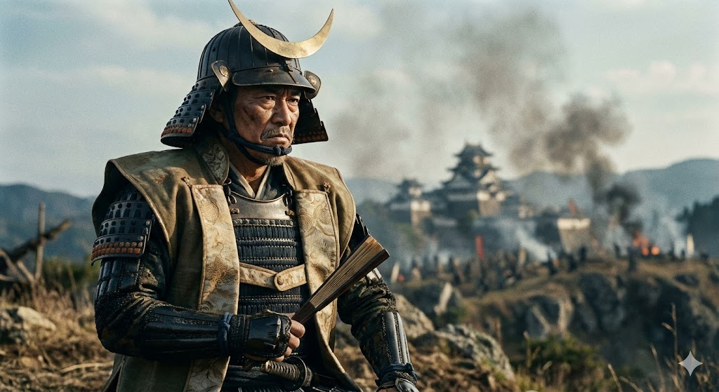 甲冑を着て軍配を持ち、厳しい表情で遠くを見つめる羽柴秀吉の姿