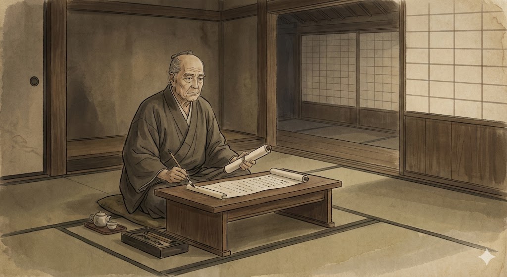 静かに座り、書状を読んで思案する徳川家康の肖像