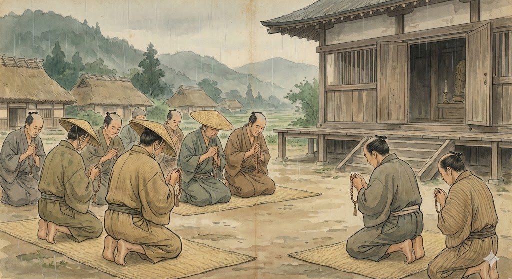  鎌倉時代の庶民が集まり、数珠を手に祈りを捧げている様子