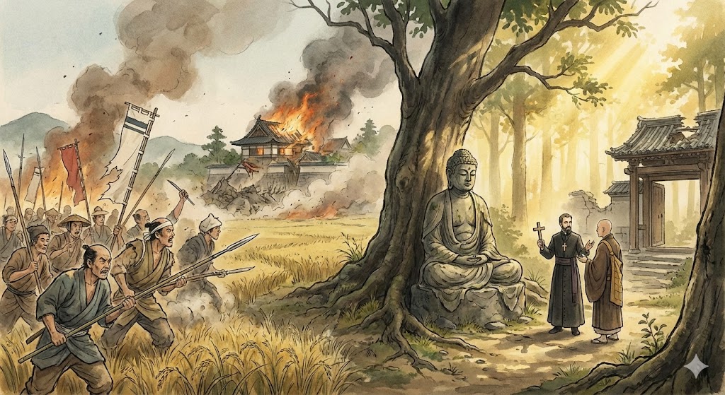 一揆の話題から宗教の話題へ移るための導入