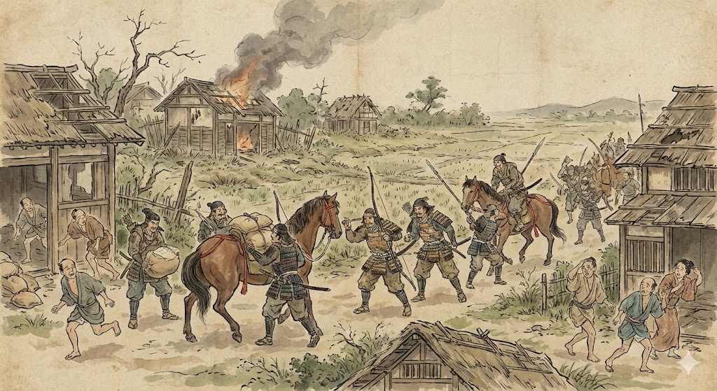 荒れた荘園で税を奪い去る武装した集団（悪党）のイラスト