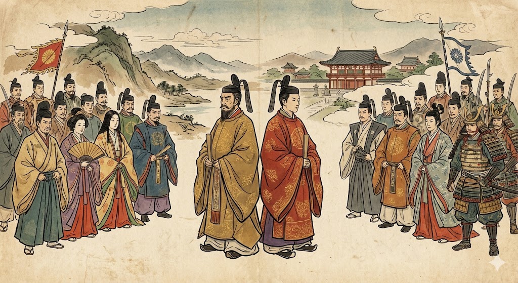 二人の天皇が背を向け合い、その背後に貴族たちが対立して並ぶイラスト