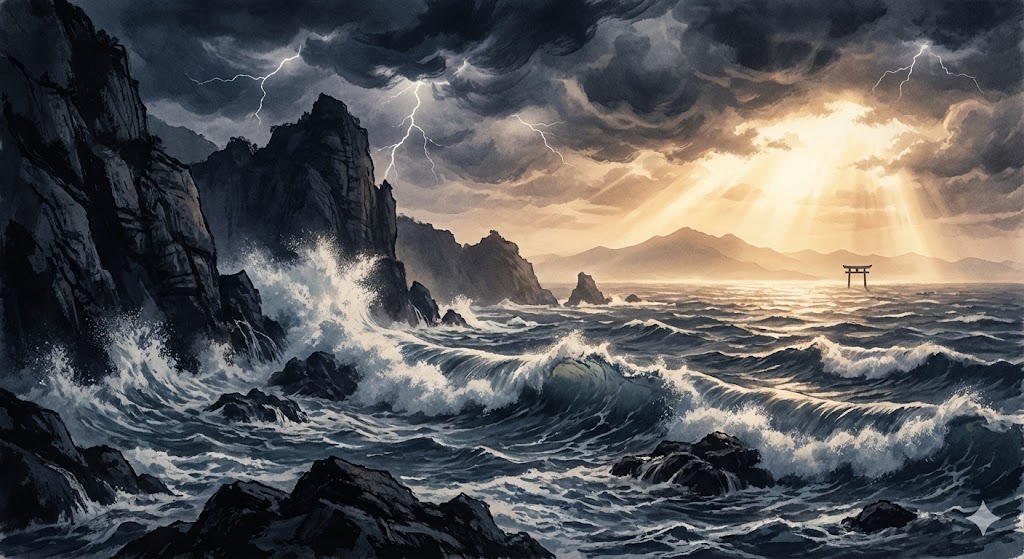 荒れ狂う熊野の海と、その先に見える希望の光をイメージした画像