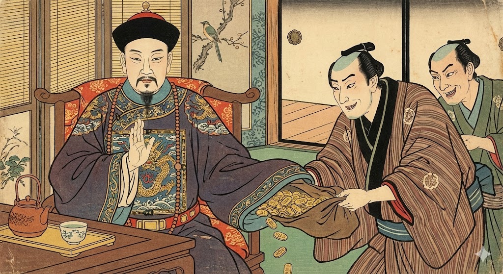 中国の役人が表向きはすました顔をしながら、袖の下で日本からの賄賂（小判など）を受け取っている風刺画風のイラスト