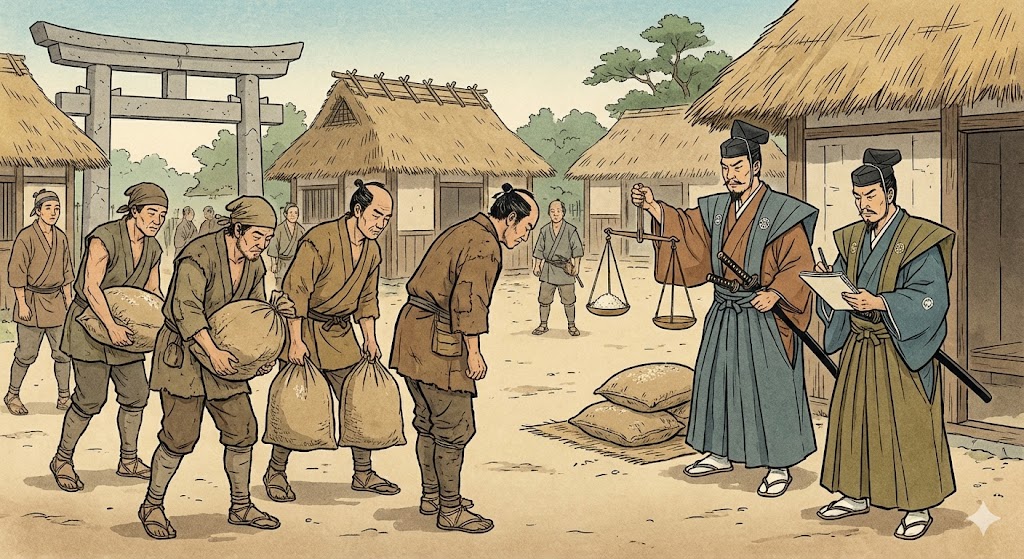 年貢を納める中世の農民と、それを厳しくチェックする役人の姿