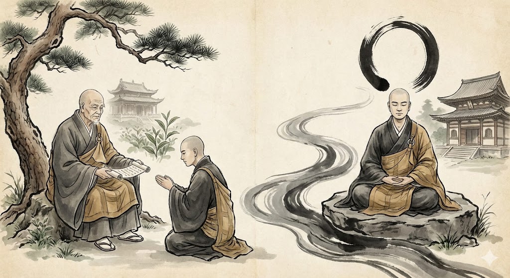 栄西から道元へ、禅の教えが形を変えて継承されていくイメージイラスト