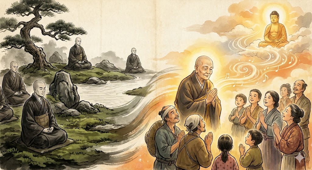 禅の修行から、法然が説く念仏の教えへと視点が切り替わるイメージイラスト