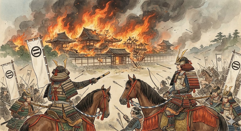 燃え上がる京都の六波羅探題と、軍を指揮する足利尊氏の様子